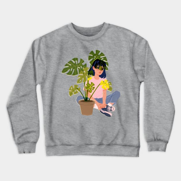 Pink Plant Girl Crewneck Sweatshirt by megansebesta